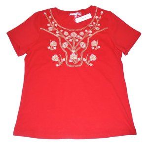 Top Embroidered Beaded Red T-Shirt short sleeve cotton blend Large size